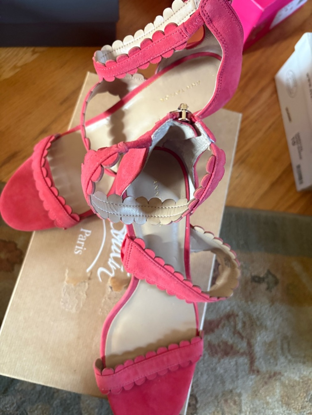 Ann Taylor Pink Suede Scalloped Strap Heels